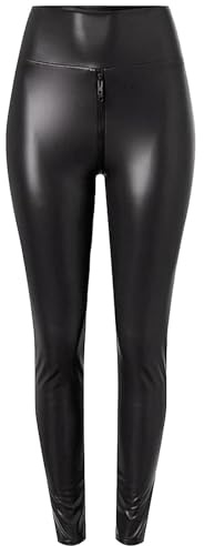 ADovz Pantaloni in pelle opaca, pantaloni elastici a vita alta in ecopelle da donna sexy con cavallo doppio leggings con cerniera, nero, XL