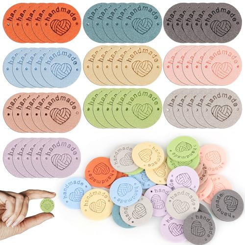 ZDNT 50 Pcs Handmade Label,Handmade Label zum Annähen,Bunte handgefertigte Etiketten,Leder Etiketten mit Löchern,Wollknäuel-Muster Label für Heimwerken,Nähen,Kunsthandwerk,Dekoration,10 Farben