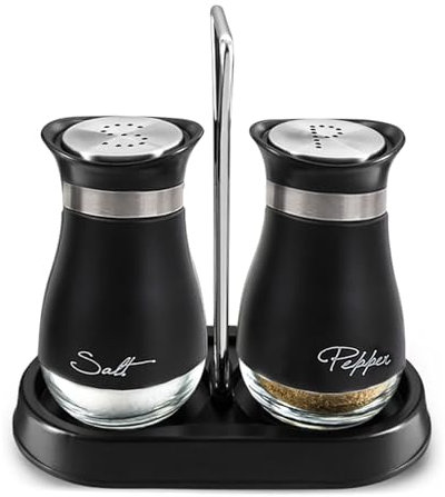 Salt and Pepper Shakers Set with Holder - Pack of 2 Salt and Pepper Pots, Salt and Pepper Sets, Salt Shaker Salt Pot Kitchen Accessories (Black)