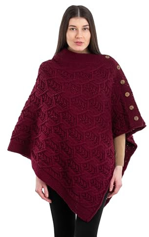 SAOL Aran Poncho 100 % lana merino para mujer con botones y cuello en V, Vino, Talla única