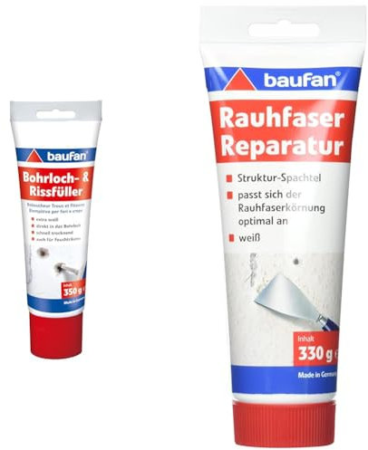 Baufan 4016215101421 Bohrloch- und Rissfüller Spachtelmasse, weiß & Rauhfaser Reparatur Spachtel - 330g, weiß