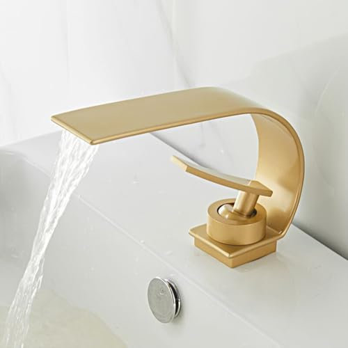 Wasserhahn Bad Wasserfall Waschtischarmatur Moderner Stil Messing Einhebel Mischbatterie Waschbecken Armatur, Badarmatur Waschtischbatterie Badezimmer, Gold
