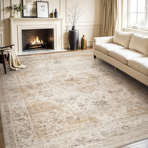 AMOAMI-Area Rug 5X7 Rugs for Living Room-Vintage Soft Beige Rugs for Bedroom-Non Slip Carpet-Machine Washable Rug for Dining Room Living Room Bedroom Office Under Table-Beige
