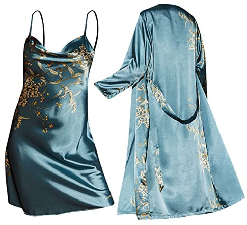 Peignoir léger en satin pour femme - Ensemble de vêtements de nuit - Kimono - Robe de chambre à bretelles spaghetti - Robe de nuit courte - Pour mariage - Nuisette - Ensemble pyjama en satin avec