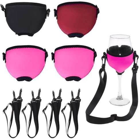 BRIOTA 4 Stück Weinglashalter zum Umhängen, Weinglashalter Hängend Becherhalter zum Umhängen, Tragbarer Weinglashalter für Festivals Hochzeit Party (2 Rosa+Rotwein+Schwarz)