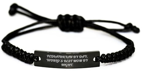 Pediatrician Gifts By Day, World's Best Mom By Night Rope Bracelet, Birthday Unique Gifts from Mom to Pediatrician, Rope, Stainless Steel, Adjustable, Organza Bag, Funny Quote