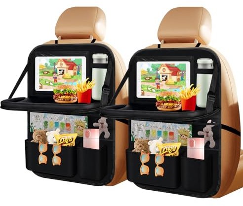 Lot de 2 organisateurs de siège de voiture, grande protection de dossier, pour enfants, poche pour tablette et de nombreuses poches, multifonction, étanche, avec table pliante, noir