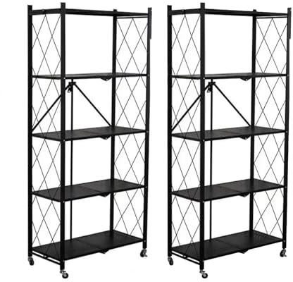 SEVEN COMFORT Fällbar hylla 2-pack, vikbar hylla, 5-våningshylla, metallhylla med hjul – 100 kg, för kök, badrum, vardagsrum (svart)