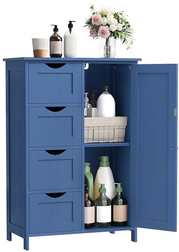 VASAGLE Armario de Baño, Mueble de Baño Estrecho, Cómoda de Baño, Cajonera con 4 Cajones, Armario con Puerta, Estante Ajustable, 30 x 55 x 82 cm, Azul Bahía LHC041QE02