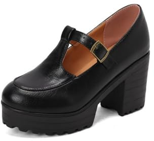 Donna Punta Tonda Pelle PU Mary Janes T - Cinturino Décolleté De Plateau con Fibbia Tacco Grosso A Blocco Vintage Scarpe da Vestito,Nero,35 EU