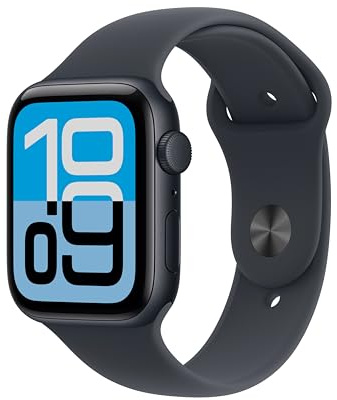 Apple Watch SE 3 GPS 44 mm med boett i aluminium midnatt och sportband i midnatt M/L. Tränings- och sömnmätare, pulsmätare, skärm som alltid är på, vattentålig