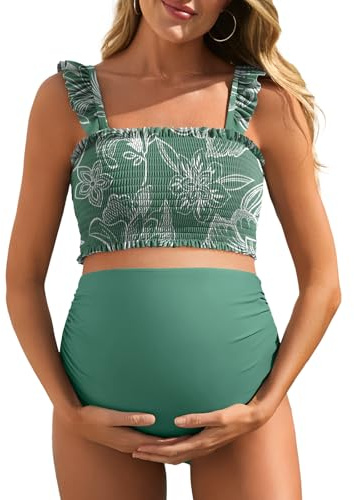 Summer Mae Juego de Bikini para Mujer | Traje de baño para embarazo, parte superior bandeau fruncida, dobladillo con volantes, almohadillas extraíbles