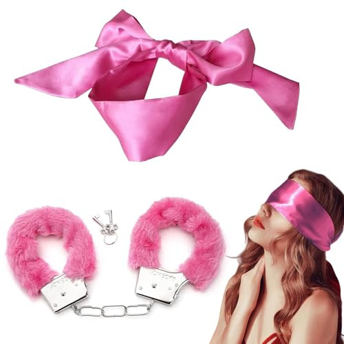 Metal Handcuffs with 2 Keys, Fluffy Handcuffs Satin Eye Mask, Handcuffs for Women Cosplay,Handcuffs Prop Dress Ball Party,Satin Headband for Sleeping Games,Valentine's Gift (Pink)