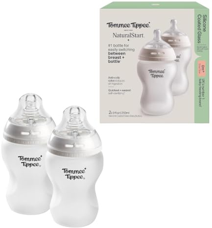 Tommee Tippee Biberones Natural Start de vidrio con revestimiento de silicona aptos para bebés desde 0 meses, 250 ml, Pack de 2