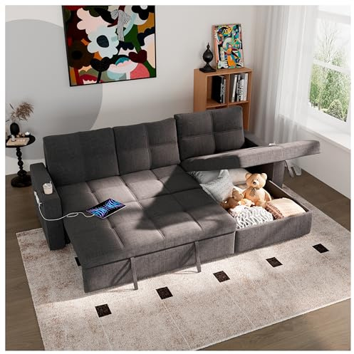 85 inch Sectional Sleeper Sofa Bed with Storage,Pull Out Couch with Reversible Storage Chaise,Cup Holders USB Charging,Side Pockets,Comfortable Sectional Sofa Couches for Living Room,Small Spaces