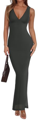 REORIA Women's Summer V Neck Sleeveless Wedding Guest Maxi Dress Sexy Mesh Bodycon Long Dresses Thyme Medium