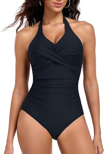 Swimming Costume Women Halter Neck Ruched One Piece Swimsuit,L,Black