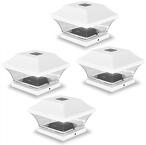 Yorkshire Homeware 4 Pcs Solar LED Post Lights Outdoor Garden Solar Powered Deck Cap Square,Patio, Fence Post Lights White