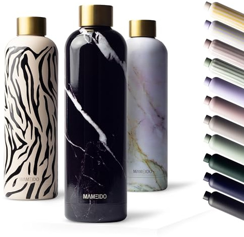 MAMEIDO Borraccia termica 1 litro, Borracce termiche anti-perdita, thermo bottle acciaio inox senza BPA, bottiglia termica (Black Marble Gold)