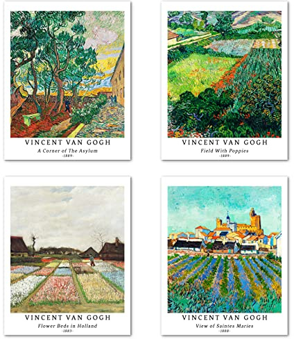 Stampe da Parete Paesaggio Senza Cornice, Set di 4 Poster, Carta artistici di alta qualità Taglia: 20x25 cm, Vintage Artistiche Verde Campagna Famoso Dipinto per Sala Vincent Van Gogh Poster
