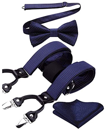 HISDERN Tirantes Azul marino Pajarita y Tirantes Hombre Conjunto de Pajaritas y Pañuelo en Forma de Y Ajustables con Clips