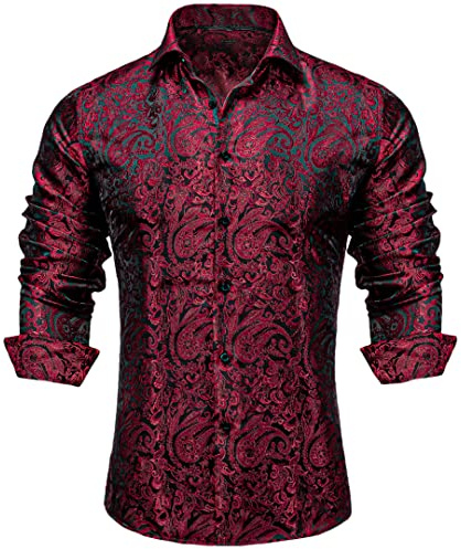 Camicia da uomo in raso rosso paisley abito camicia di seta casual manica lunga uomo smoking camicie uomo abbigliamento, Cyc-2044, M