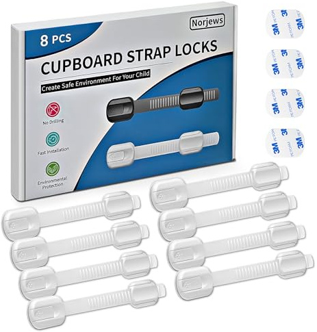 Norjews Child Safety Cupboard Locks, Baby Proof Cabinet & Drawer Straps | 8 Pack, White, Adjustable, No Trapped Fingers, Easy to Install, Fits Cupboards, Cabinets, Drawers, Doors, Fridge & Bins