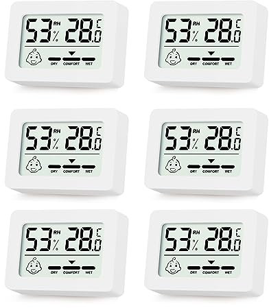 YIFMOO 6 Stücke Mini Thermometer Hygrometer Innen,Digitales Thermometer Hygrometer mit Smiley Anzeige für Babyzimmer Seniorenzimmer Arbeitszimmer Weinkeller Wohnzimmer usw,(weiß)