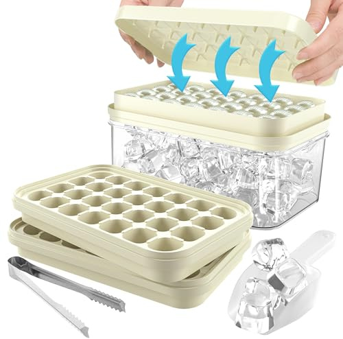 Vrent Stampo Ghiaccio con Coperchio e Contenitore,Vassoio per Cubetti di Ghiaccio Senza BPA a Doppio Strato con Pala,Silicone Facile Rilasciare 56 Pezzi Cubetti di Ghiaccio per Bevande (Bianco latte)