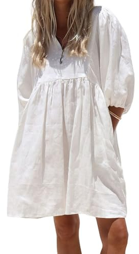 chouyatou Women's Summer Puff Sleeve Cotton Tunic Dress V-Neck Mini Vacation Babydoll Dress (Large, White)