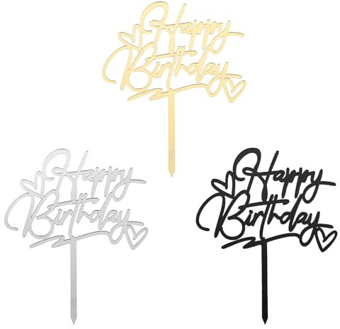 COMNICO 3 decorazioni per torte, in acrilico, a forma di cuore, con scritta Happy Birthday, per feste, cupcake, fai da te, accessori per torte (nero, oro, argento)
