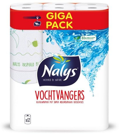Nalys Serviettes en papier absorbant l'humidité | Lot de 12 rouleaux | Fiable et résistant | Très absorbant et 2 x plus long | Certifié FSC® | 44,20 x 29,00 x 20,00 cm