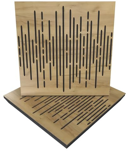 Ljudabsorberande och diffuserande akustikpanel, 50 x 50 x 5 cm, absorption, diffusion, reflektion, ljudisolering, isolering, trä, perforerad, laminerad: (2 x WAVE, ek)