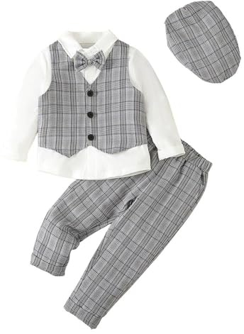 Lito Angels Baby barn pojkar gentleman rutig väst kostym set formella bröllopskläder med hatt, grå grön blå brun, Grå, 5-6 År