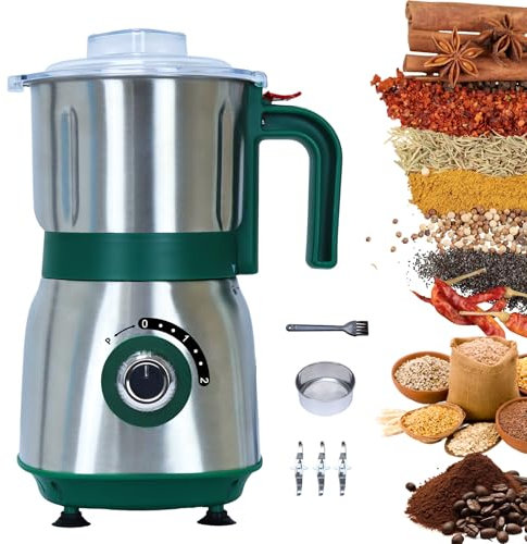 Versatile Kitchen Grinder | 500W Electric Mill | Grinds Spices, Nuts, Grains, Coffee | 3 Stainless Steel Blades | Wet & Dry Use (Green)