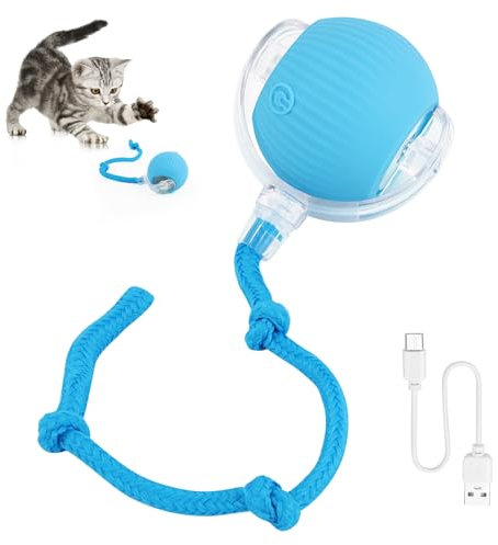 KEWUZY Katzenspielzeug Elektrisch Katzenball mit LED Licht, Interaktives Katzenspielzeug Katzen Ball, 360-Grad-Ball Automatischer Modellierung Katzenball mit Seil, USB Wiederaufladbarer (Blau)