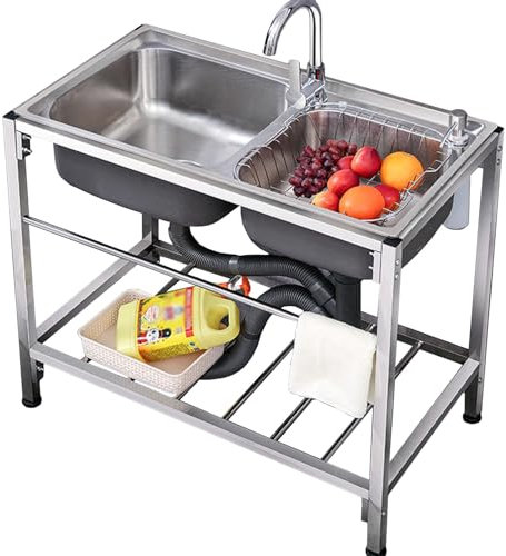 LAVELLO DA CUCINA Lavello multiuso in acciaio inossidabile, lavello da cucina a doppia vasca autoportante, set di lavelli per ristoranti commerciali per esterni, garage, lavanderia