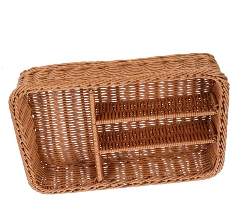 CLISPEED Cestino Portaposate in Finto Rattan Intrecciato 4 Scomparti Antiscivolo Resistente Protezione Solare, Organizer Per Posate e Cucina, Vassoio Portaoggetti Multifunzione Colore Caffè