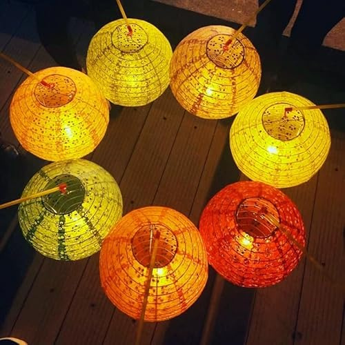 Set of 5 Paper Lanterns 8inches with LED Lights New Year Spring Festival Valentines Lanterns Variety Color, Hanging Paper Lanterns with Tassels Walking Sticks for Wedding Dinner Birthday Party Decor
