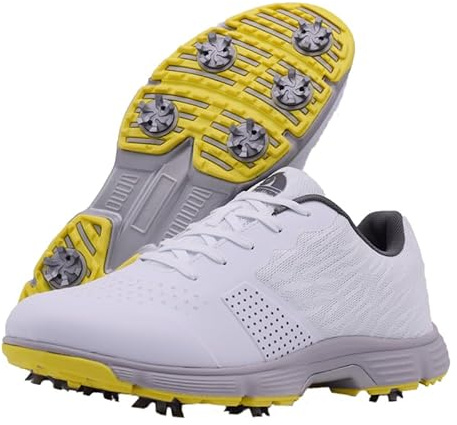 Rhyoam Golf Shoes Men Spikes Golf Sneakers Male Breathable Walking Shoes for Golfers Size Plus (White,7.5)