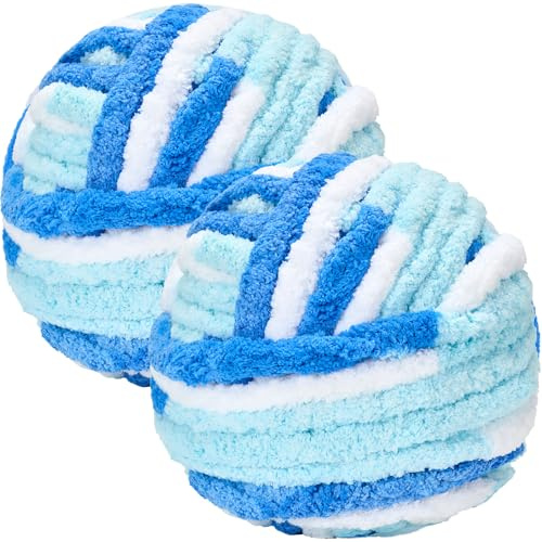 Bafeil Chunky Yarn for Hand Knitting 250g x 2, Super Soft Thick Wool | for Crochet & Knitting, Fluffy Chenille Yarn for Cosy Blankets, Scarves, Hats, Arm Knitting, Gradient Blue