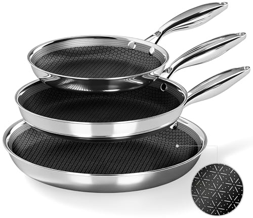 Kitchen Academy Stainless Steel Frying Pan Set 20cm 25cm 30cm, Triply Base | 18/10 Hybrid Induction Hob Pan Set Non Toxic, Dishwasher & Oven Safe, PFOA & PFAS Free