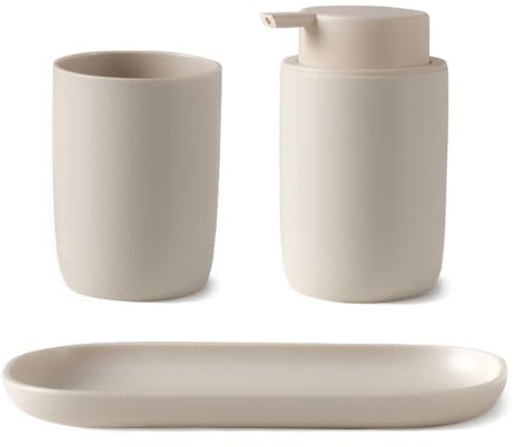 Set accessori bagno color crema 3 pezzi Taki - Dispenser, portaspazzolino e vassoio in plastica opaca