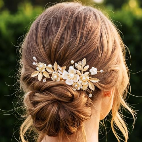 JEAIRTS Flower Bridal Hair Clip Gold Leaf Headpiece Pearl Wedding Hair Accessories for Women