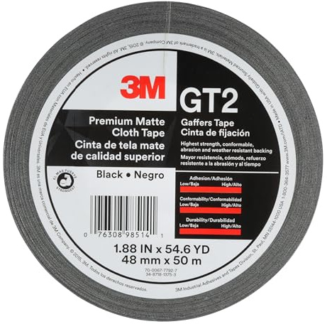 3M Premium Matte Cloth (Gaffers) Tape GT2, High-Strength, Indoor/Outdoor Use, Black, 48 mm x 50 m, 11 mil, 1 Roll, 98514