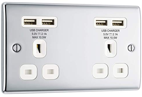 BG Electrical NPC24U44W-01 Double Unswitched Fast Charging Power Socket with Two USB Charging Ports, 13 A, Polished Chrome, 14.6 cm*3.1 cm*8.6 cm