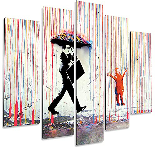 Giallobus - Quadro 5 Pannelli Art Board - Banksy - Pioggia di Colori - Legno MDF - 140x100