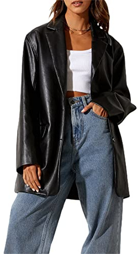Alaurbeauty Chaqueta blazer de piel sintética para mujer, de manga larga, con botones, estilo vintage, de gran tamaño, para otoño e invierno, A-negro., M
