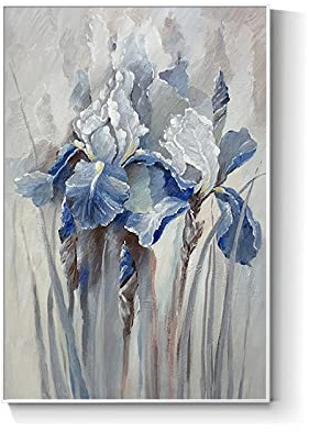 tymhrs 100% Pintado A Mano Elegante Pintura Al Óleo De Flor Azul, Pintura Floral Pastoral Americana sobre Lienzo, Cuadros De Pared De Gran Tamaño para Sala De Estar, Entrada, Pasillo, 16X24 Pulga