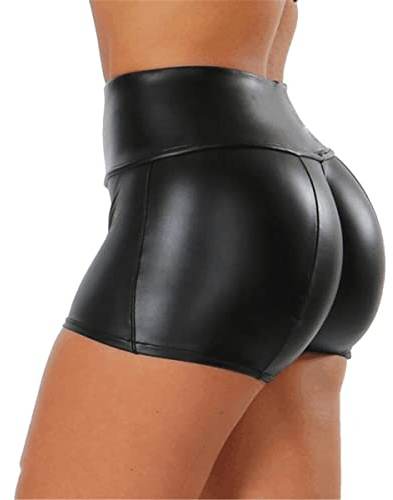 Skrsila Damshorts, läderbyxor, hög midja, sexiga korta läderbyxor, push-up, läderimitation, konstläderbyxor, PU-läder, utseende, korta byxor, svart, XL